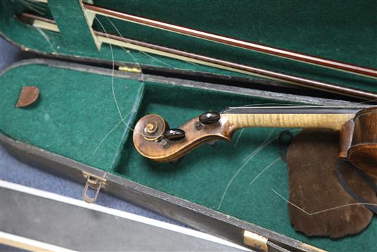 A Metro violin and a silver-mounted bow and one other